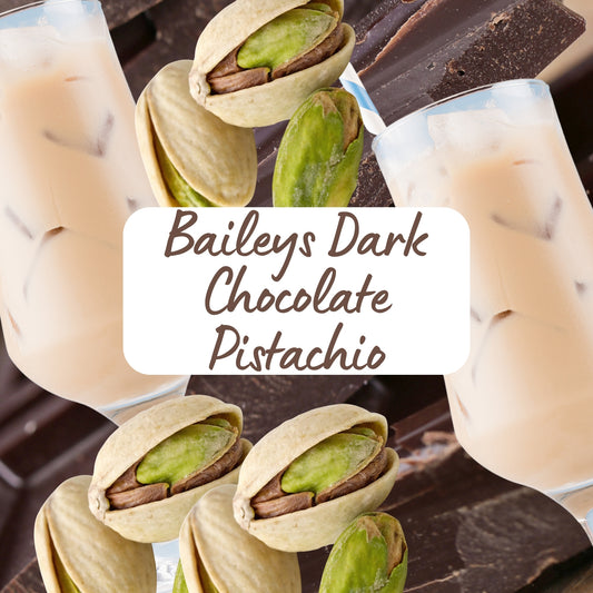 Baileys Dark Chocolate Pistachio product with a close-up of pistachios and chocolate on a dark background.