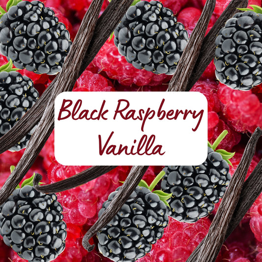 Black raspberries and vanilla beans with 'Black Raspberry Vanilla' text overlay