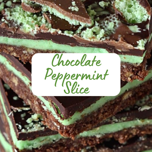 Close-up of a chocolate peppermint slice with a label indicating the flavor.
