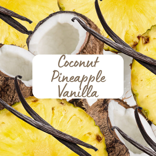 Coconut, pineapple, and vanilla beans with a label in the center.