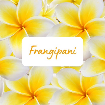 Close-up of yellow and white frangipani flowers with a 'Frangipani' label.