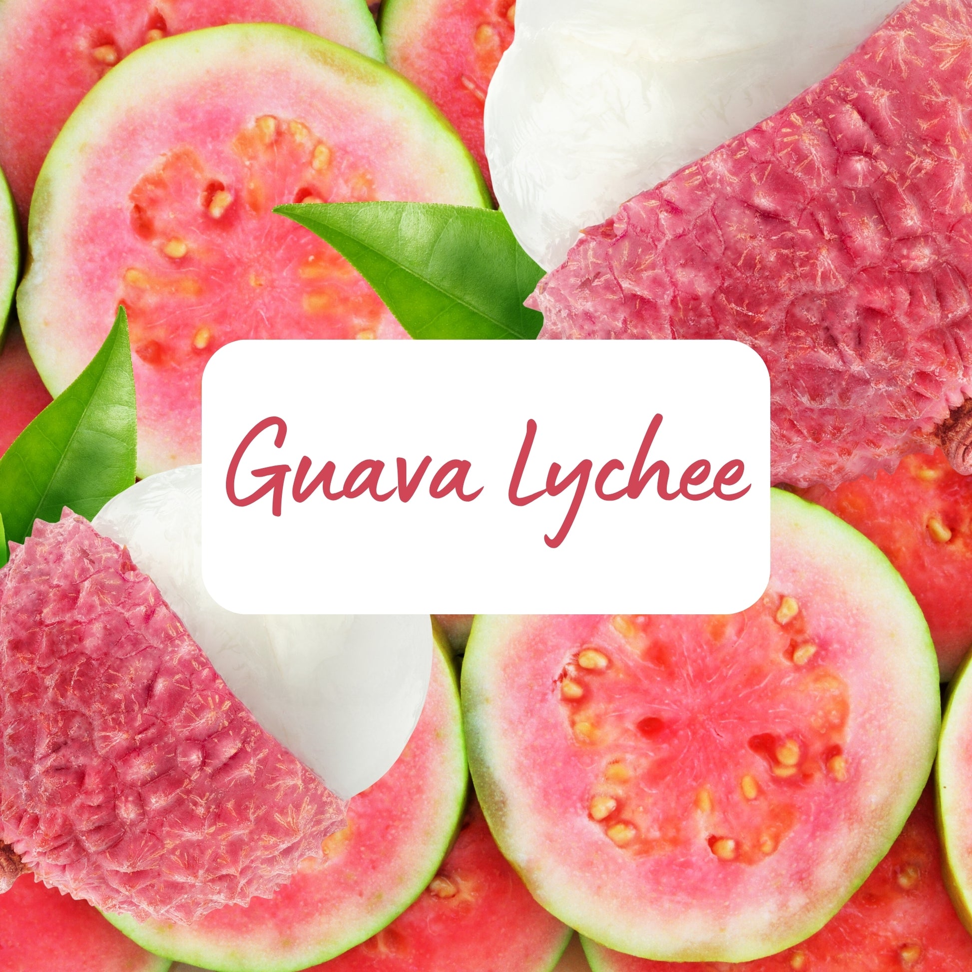 Close-up of sliced guava lychee with a label in the center.