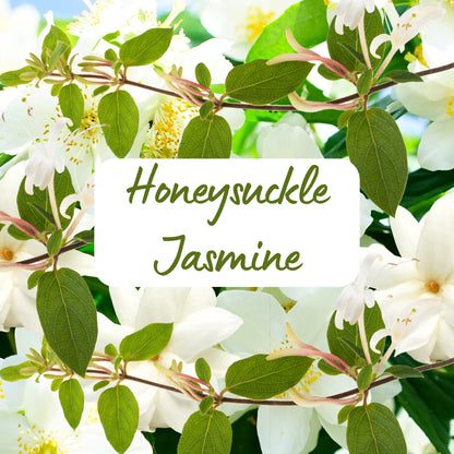 Honeysuckle and jasmine flowers with a label in the center.