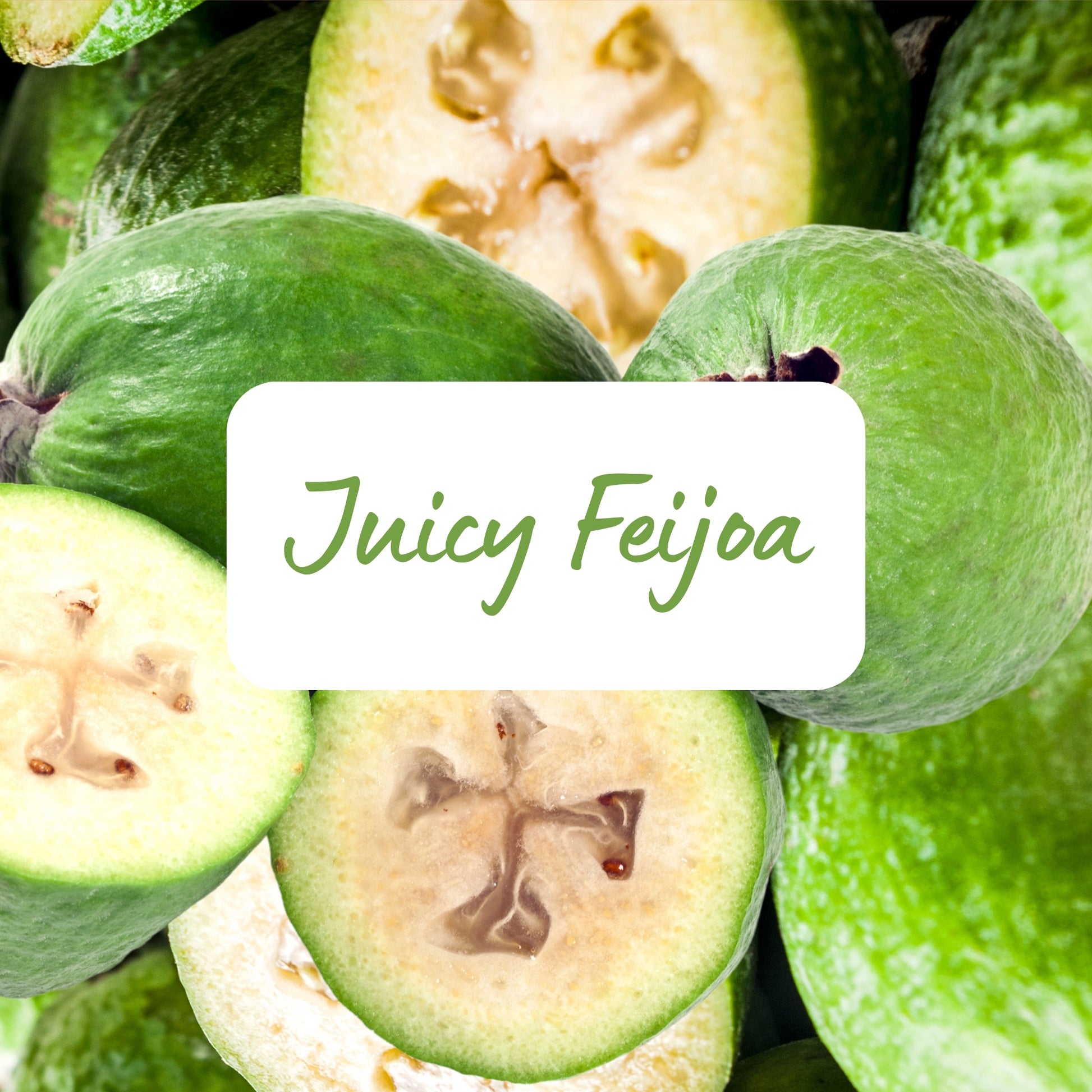 Feijoa fruits with a close-up of a halved feijoa and the text 'Juicy Feijoa' on a white background.
