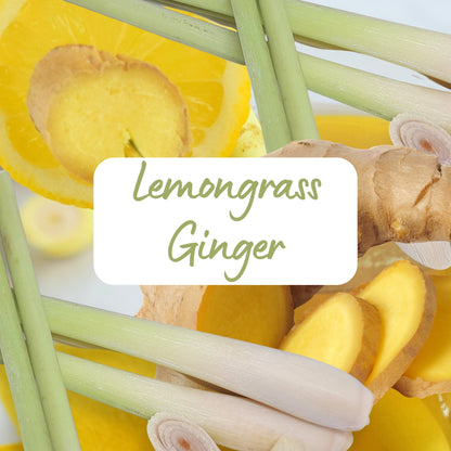 Lemongrass and ginger with a label indicating the scent on a white background