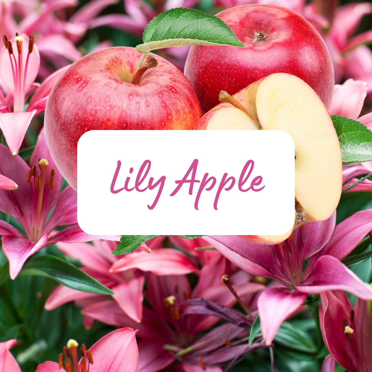 Apples with a 'Lily Apple' label surrounded by pink flowers