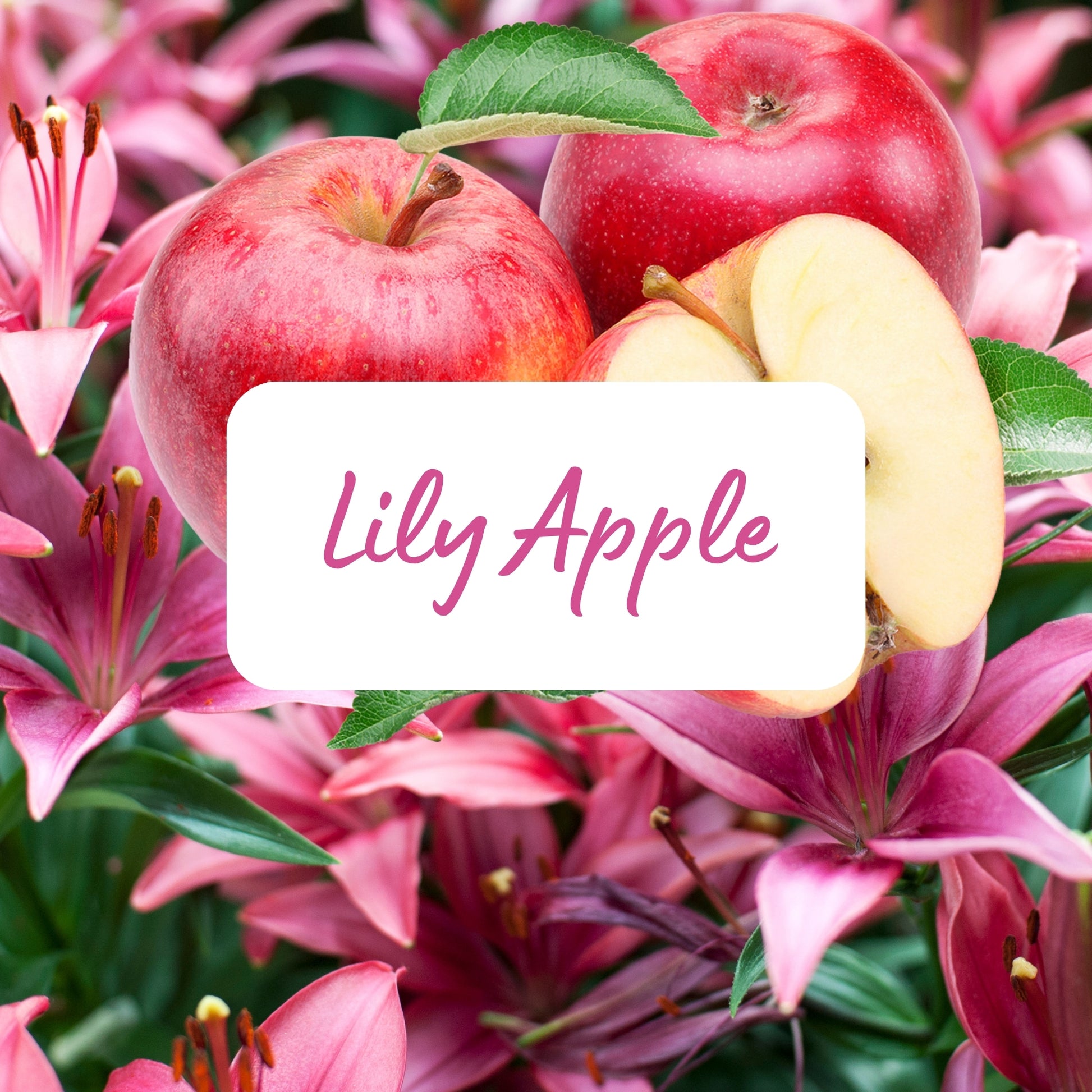 Apples with a 'Lily Apple' label surrounded by pink flowers