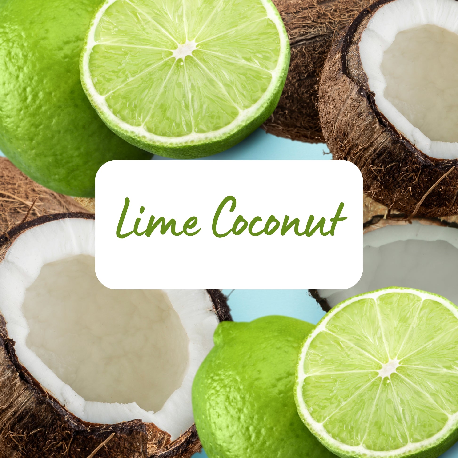 Lime and coconut halves with a label reading 'Lime Coconut' on a textured surface.