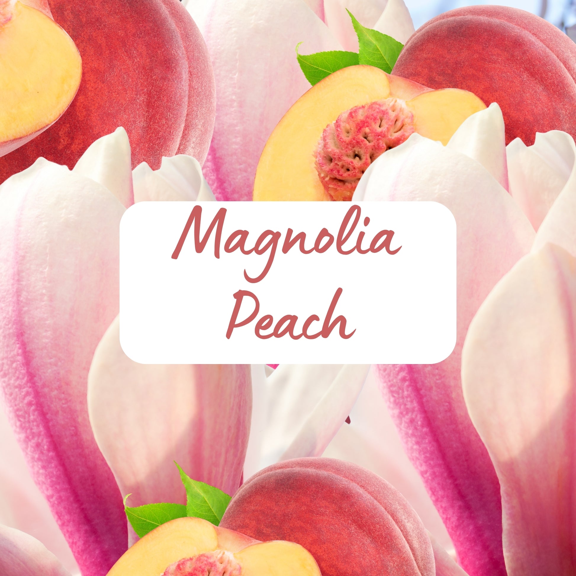 Peaches with pink magnolia flowers and a 'Magnolia Peach' label.