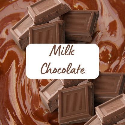 Milk chocolate bars on a swirling chocolate background with 'Milk Chocolate' text overlay.