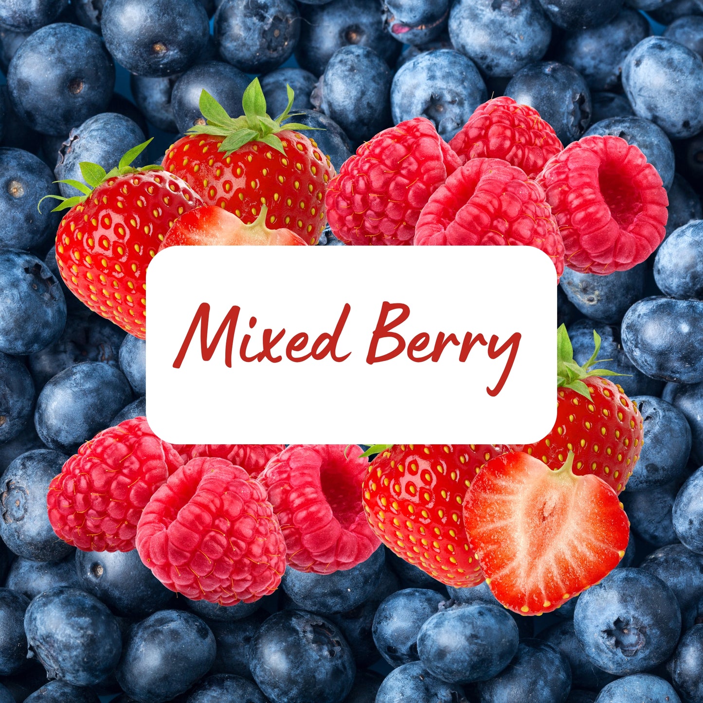 Mixed berries including strawberries and raspberries with a 'Mixed Berry' label on a blueberry background.