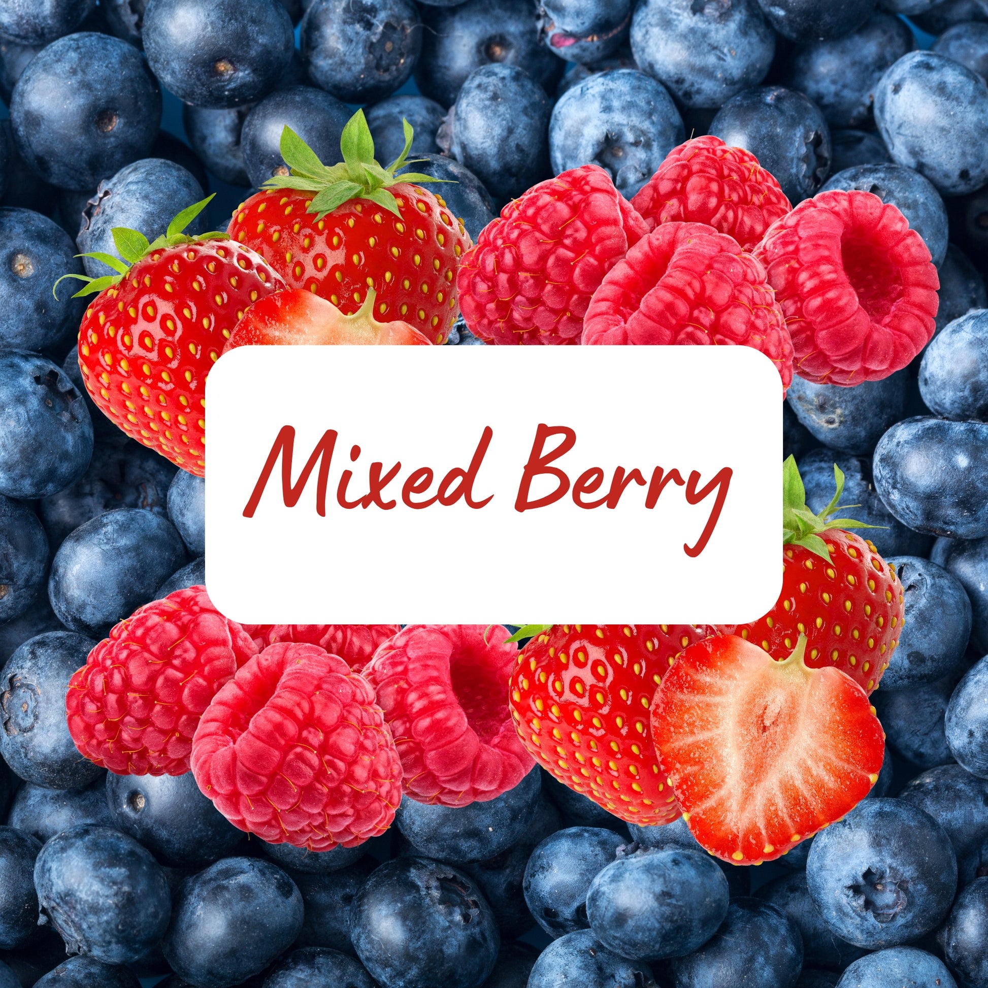 Mixed berries including strawberries and raspberries with a 'Mixed Berry' label on a blueberry background.