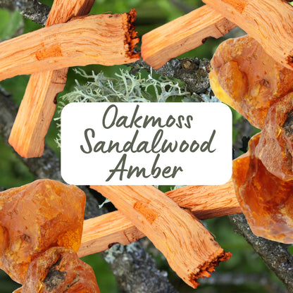 Close-up of sandalwood with 'Oakmoss Sandalwood Amber' text overlay