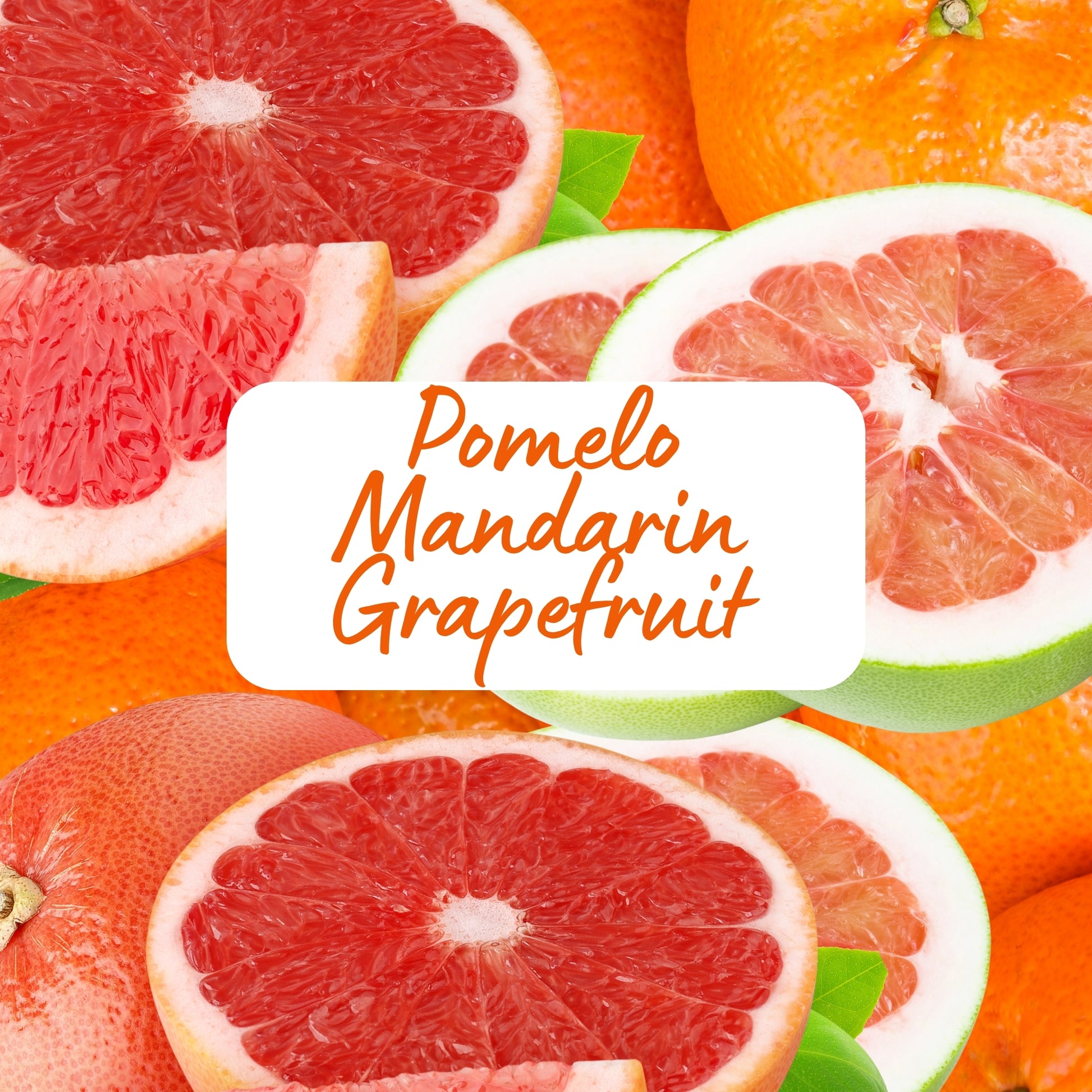 Collage of pomelo, mandarin, and grapefruit with a label in the center.