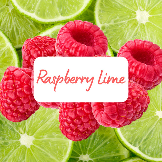 Raspberries and lime slices with a 'Raspberry Lime' label in the center.