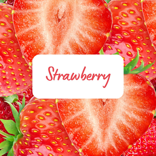 Close-up of strawberries with a 'Strawberry' label in the center.