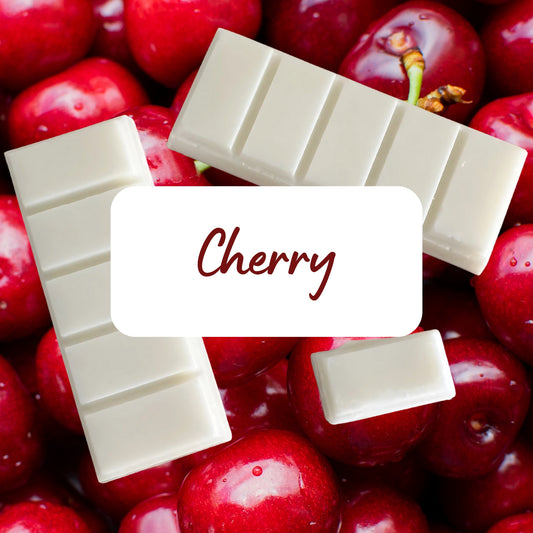 Soy melt wax bars with 'Cherry' label surrounded by red cherries