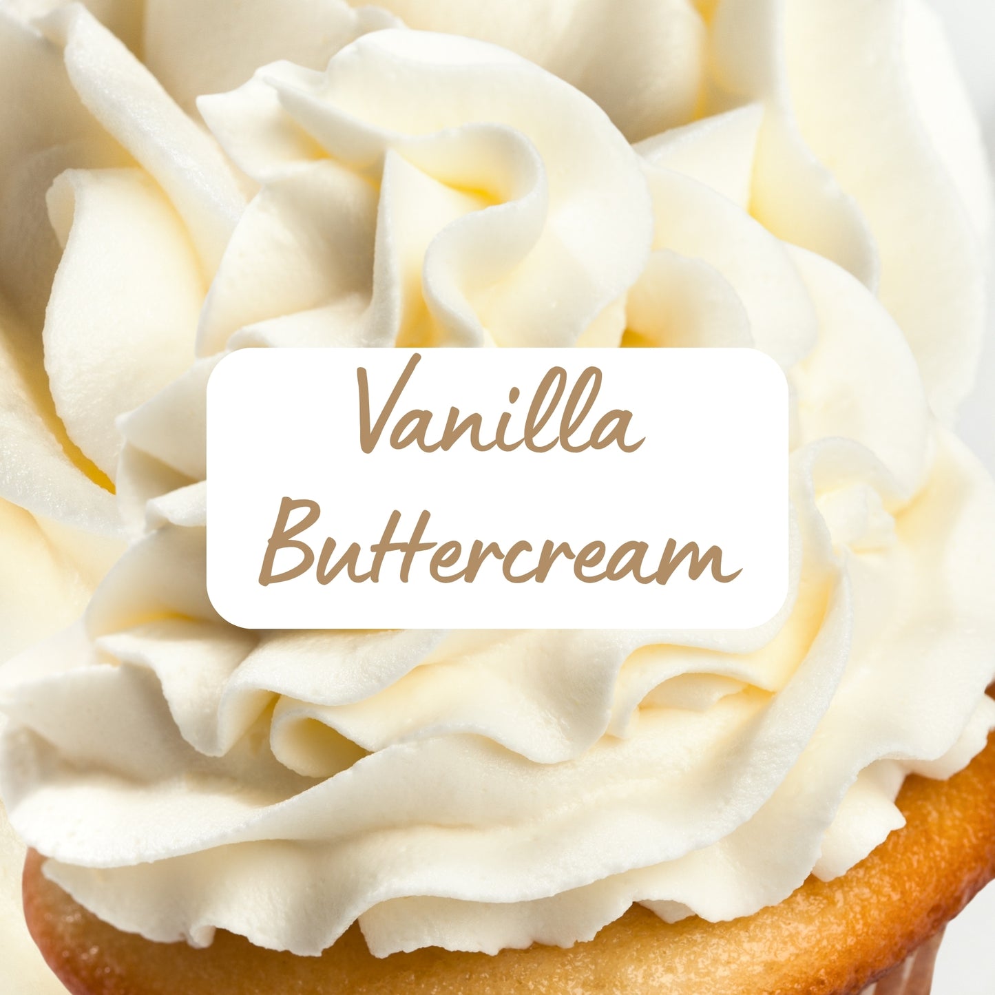 Close-up of a cupcake with vanilla buttercream frosting and a label indicating 'Vanilla Buttercream'.
