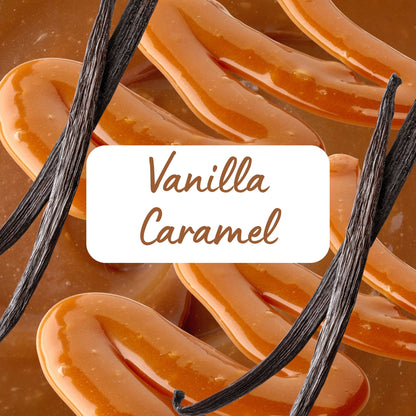Vanilla caramel candies with vanilla beans on a brown background