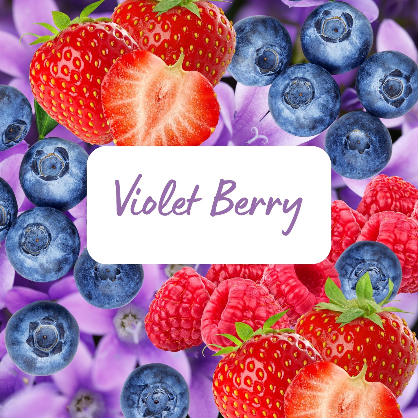 Berries including strawberries, blueberries, and raspberries with 'Violet Berry' text on a purple background.